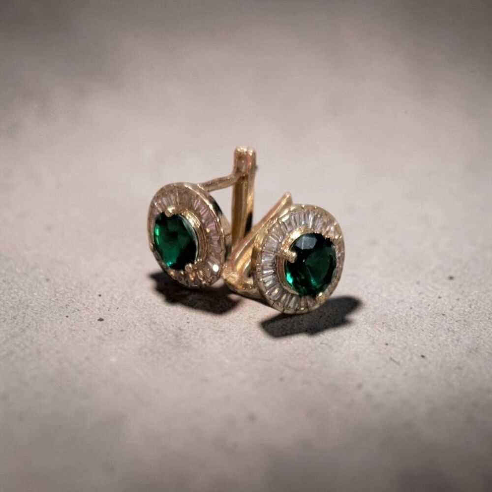 Emerald Green Crystal Gold Tone Round Halo Earrings Baguette Rhinestone Elegant